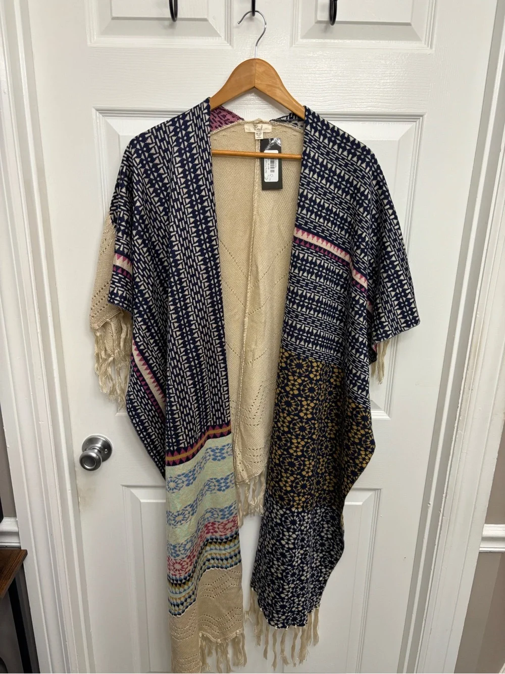 Easel Multicolor Boho Festival Knit Fringe Wrap - Navy, Beige & Pink Accents